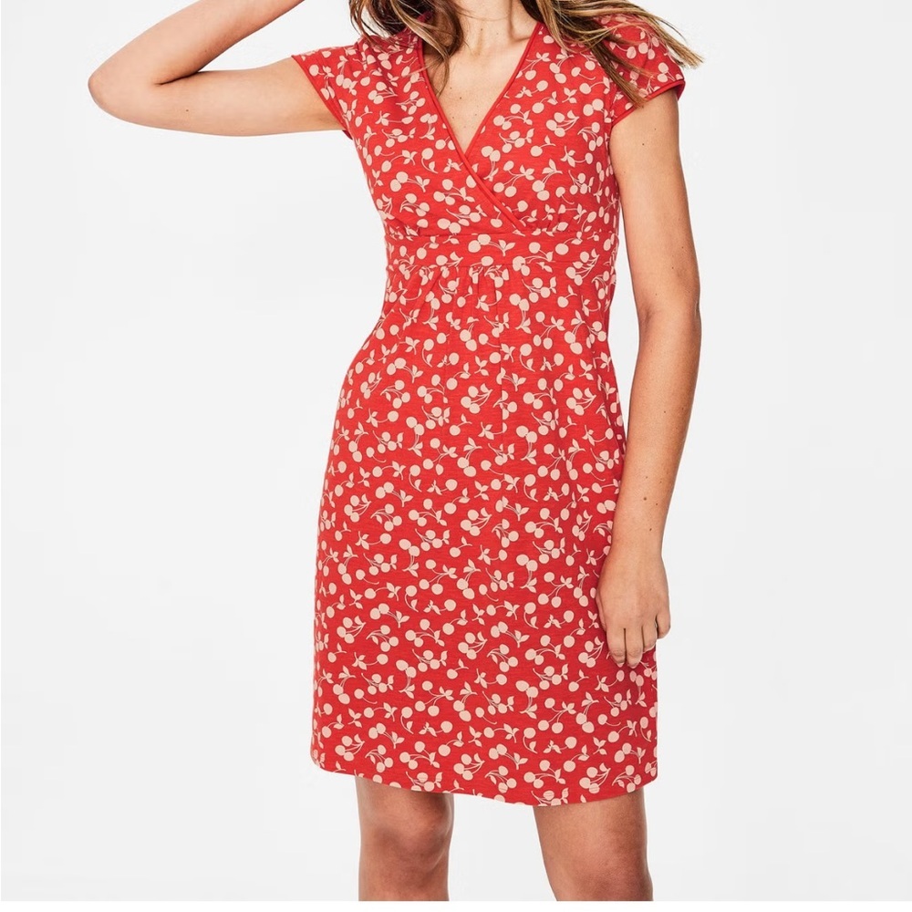 Boden Cherry Print Dress Surplice Fit Flare Cap Sleeves